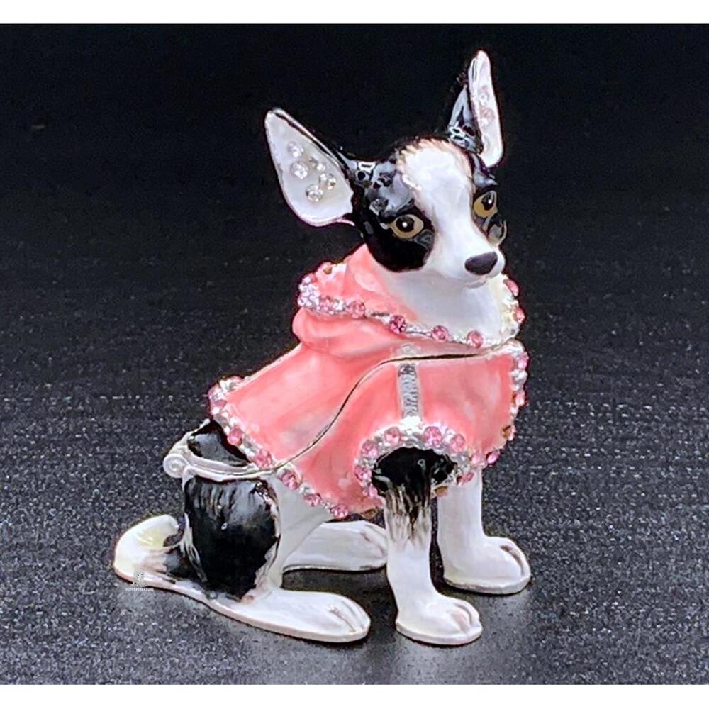 Boston Terrier Dog Jeweled Trinket Box Pink Enamel Rhinestone Figurine - Picture 1 of 4